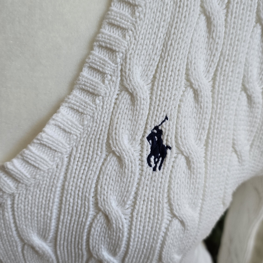 Ralph Lauren White V-Neck Cable Knit Sweater Size Medium - Picture 5 of 10